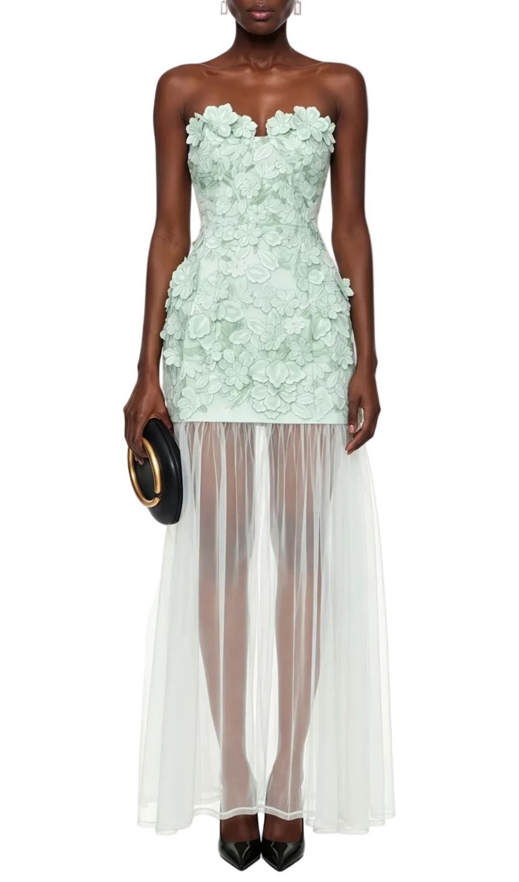 Pansya Floral Embroidery Strapless Maxi Dress - Mint