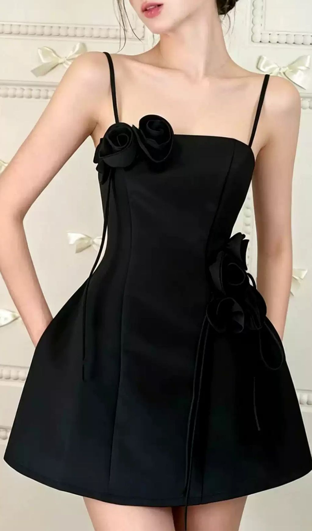 Fashionslee Women Lili Black Flower Embellished Mini Dress