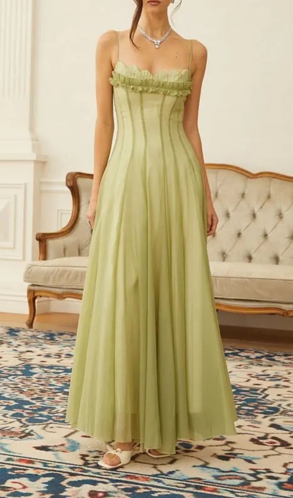 Matcha Ruffled Shirred Tulle Maxi Dress
