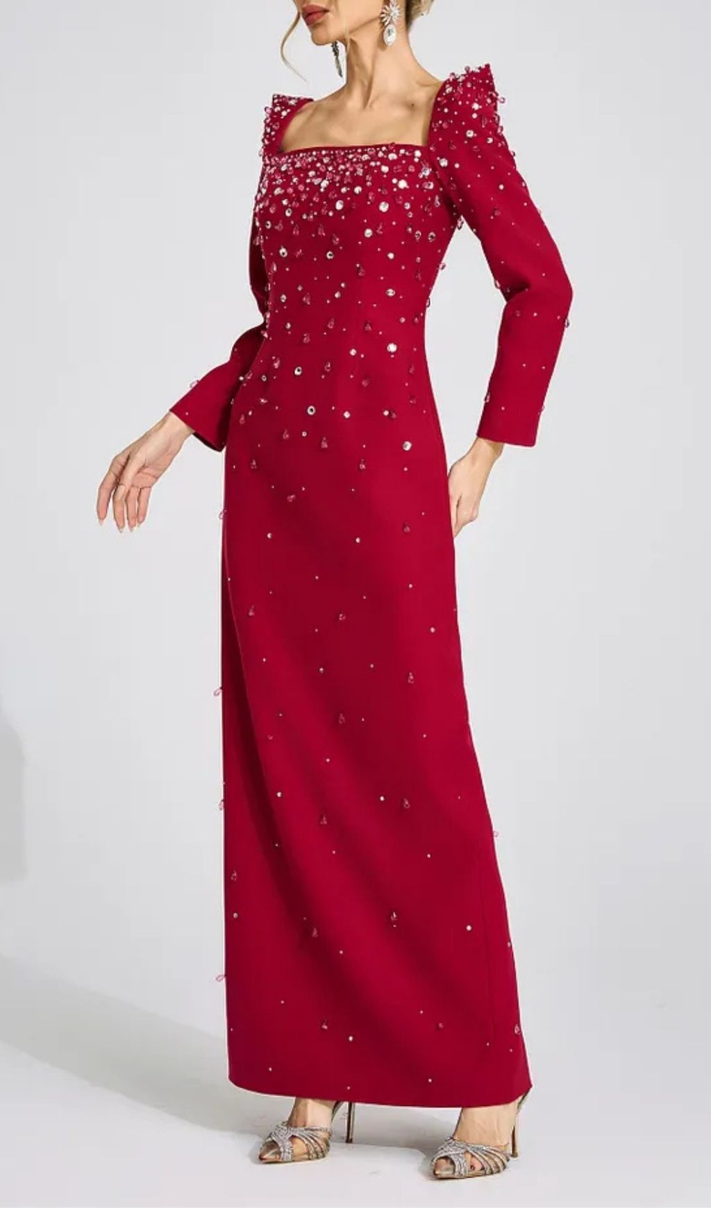 Lynn Square Neck Beaded Rhinestone Maxi Dress - Burgundy