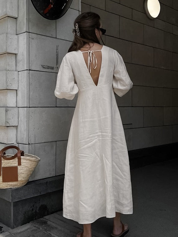 Loose-Fitting Puff Sleeve V-Neck Cotton Linen Midi Dress
