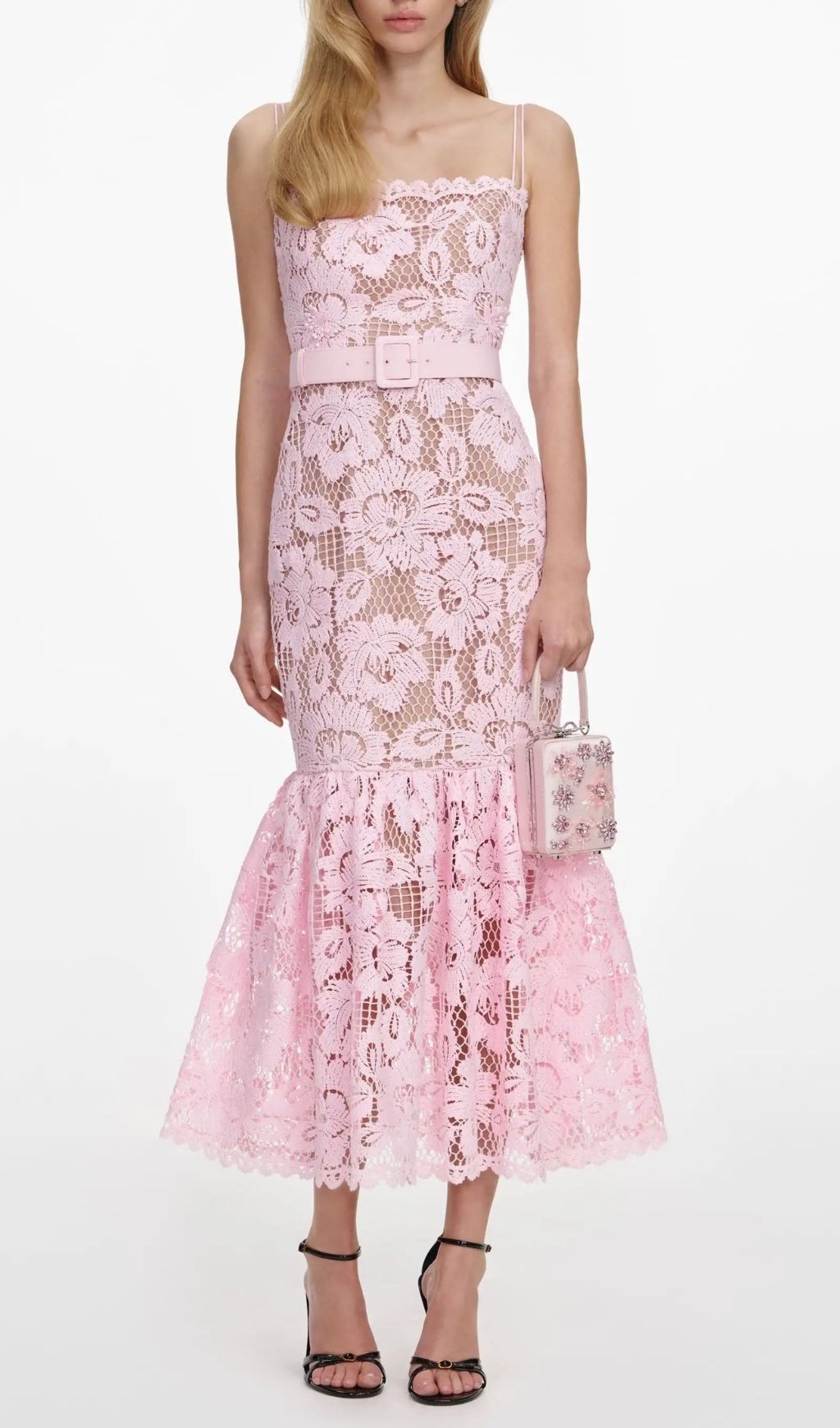 Simona Pink Crochet Lace Hollow Midi Dress