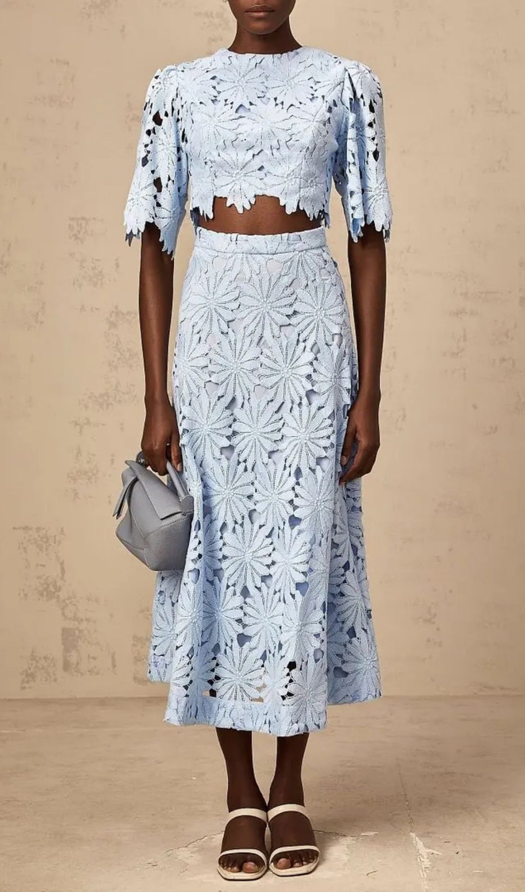 Penny Openwork Floral Lace Blouse Maxi Skirt Set - Blue