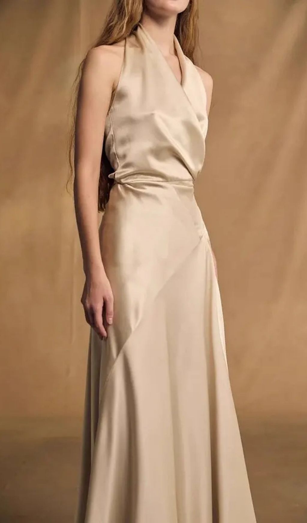 Kay Champagne Crepe Bias-Cut Satin Halter Maxi Dress