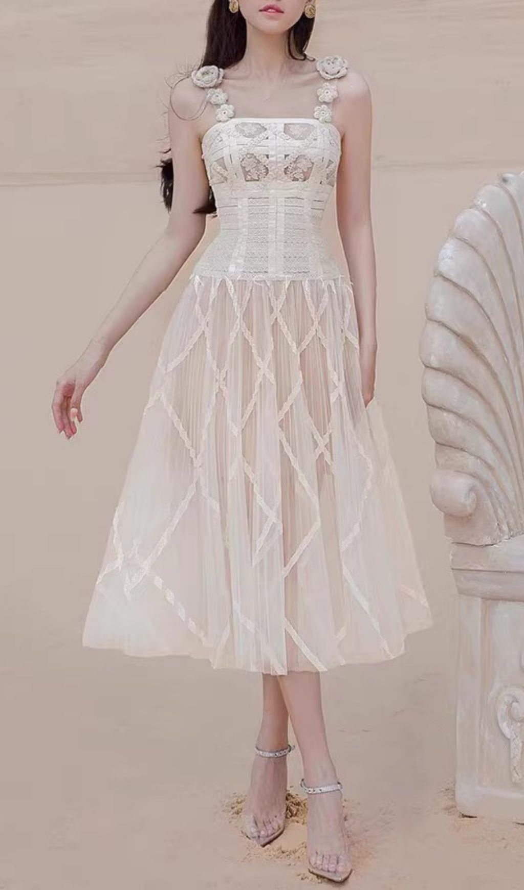 Cream Lace Corset Midi Dress With 3D Flower Straps