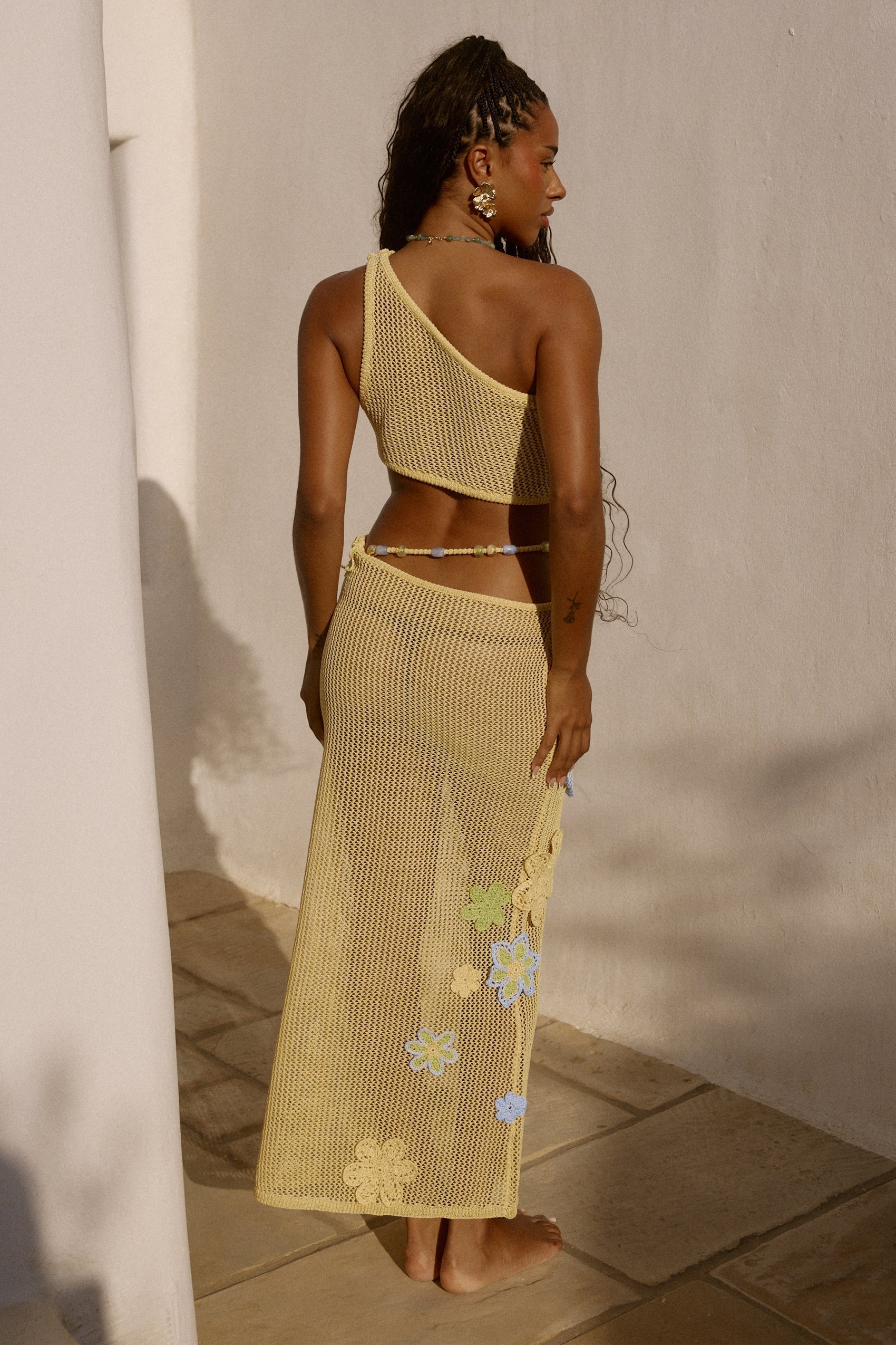 Floral Crochet Maxi Top & Maxi Skirt Set - Yellow