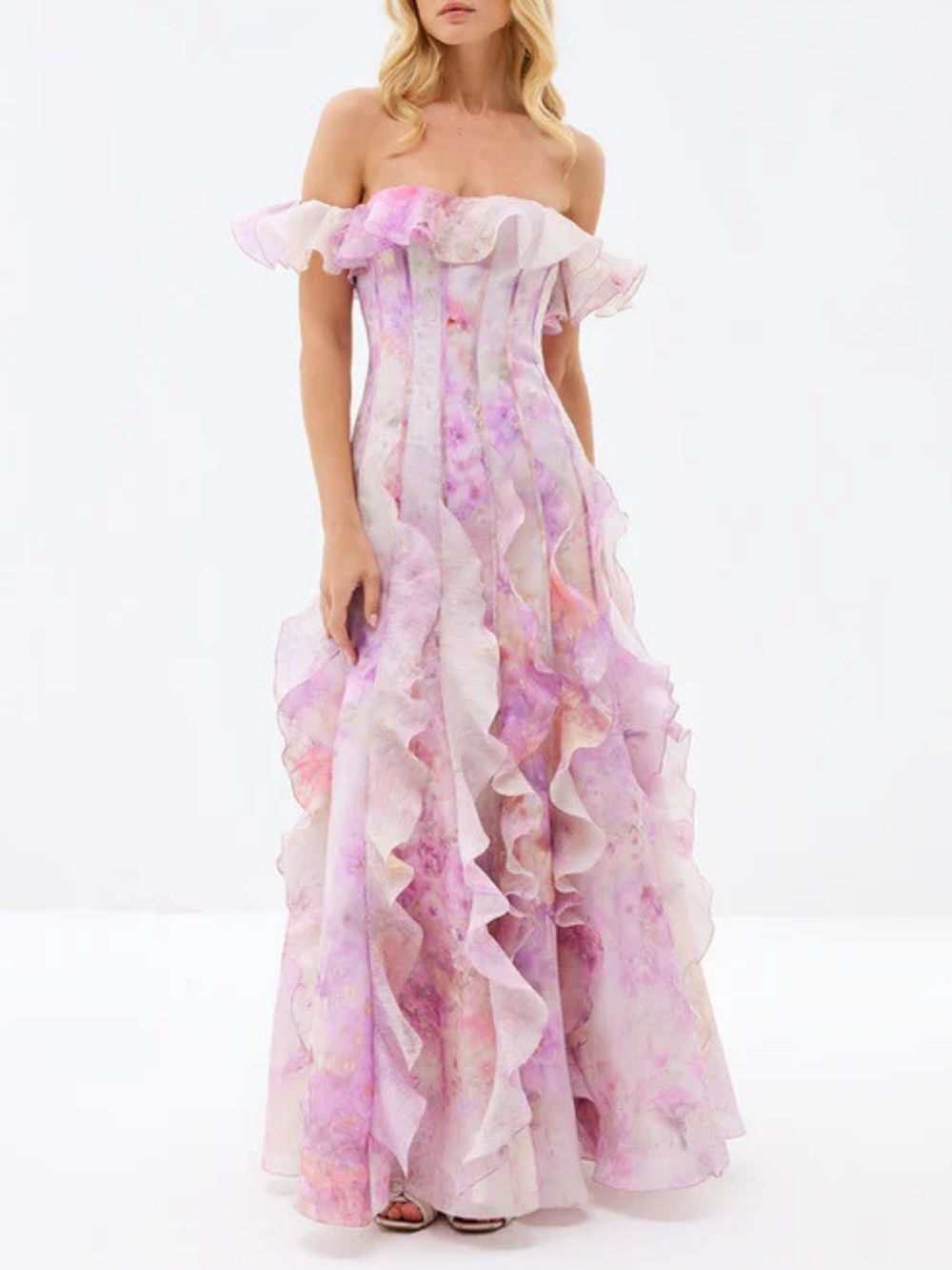 Helen Floral Frill Off-Shoulder Maxi Dress In Pink