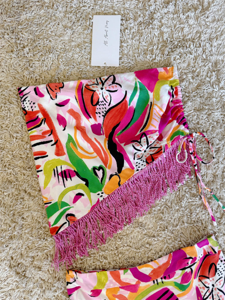 Painted Graffiti Irregular Strap Fringed Skirt Set
