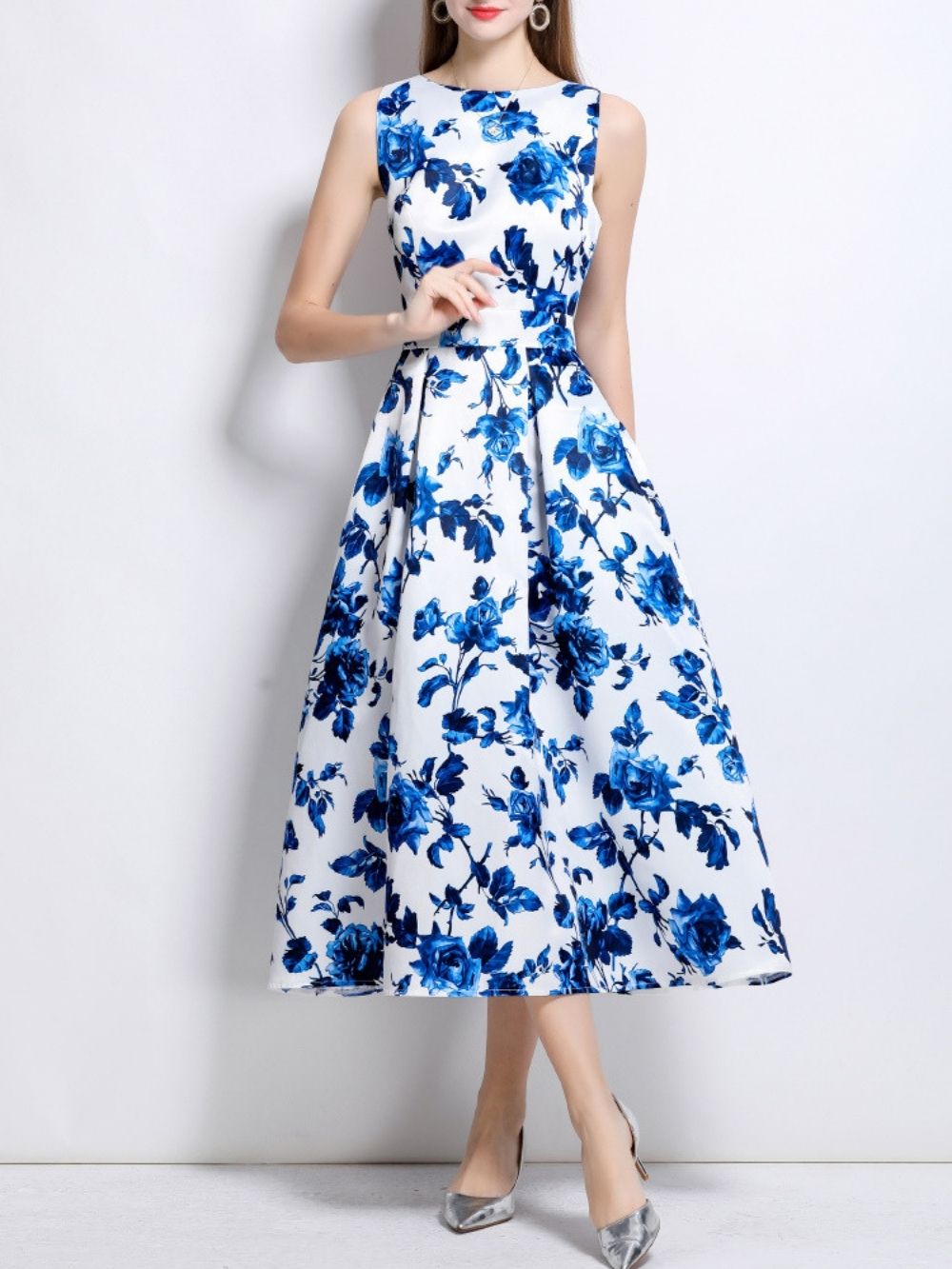 Maicy Blue Sleeveless Floral Midi Dress - OWNCI Maicy Blue Sleeveless Floral Midi Dress - OWNCI