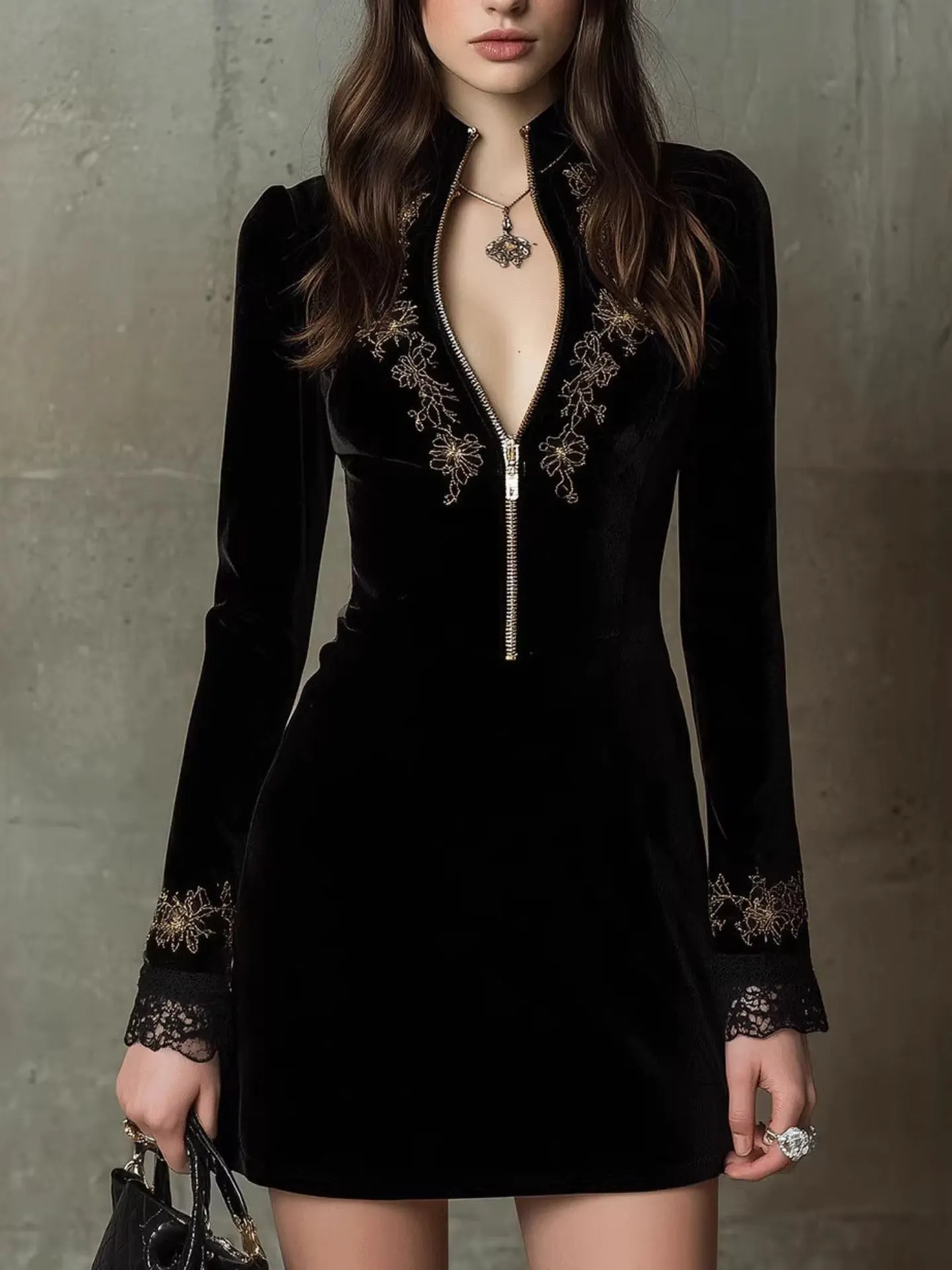 Vintage Embroidered Fitted Velvet Mini Dress
