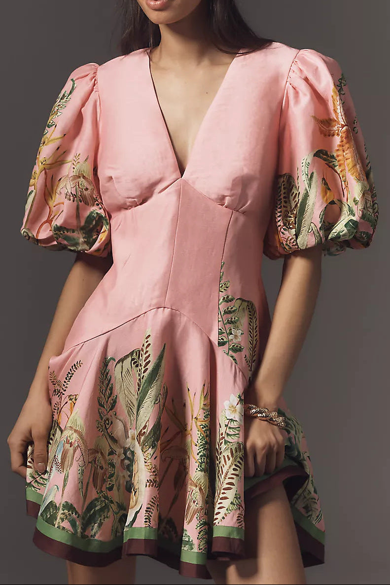 v-Neck Puff Sleeve Cotton Linen Printed Mini Dress - Pink