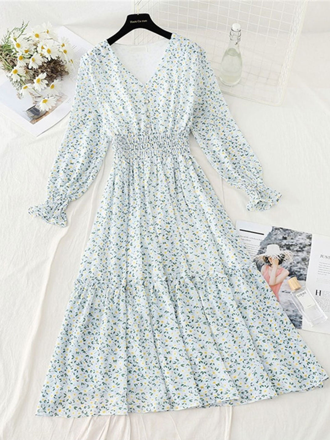 Janet Classic Floral Ruffle Chiffon Dress-Yellow - OWNCI