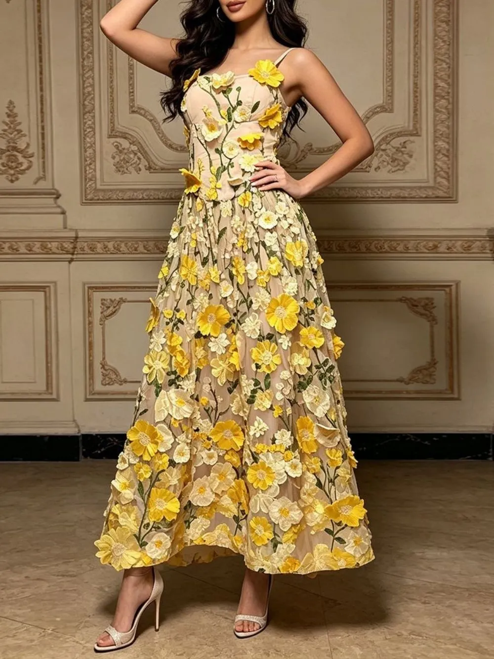 Mahari Strappy Flower Embroidery Midi Dress