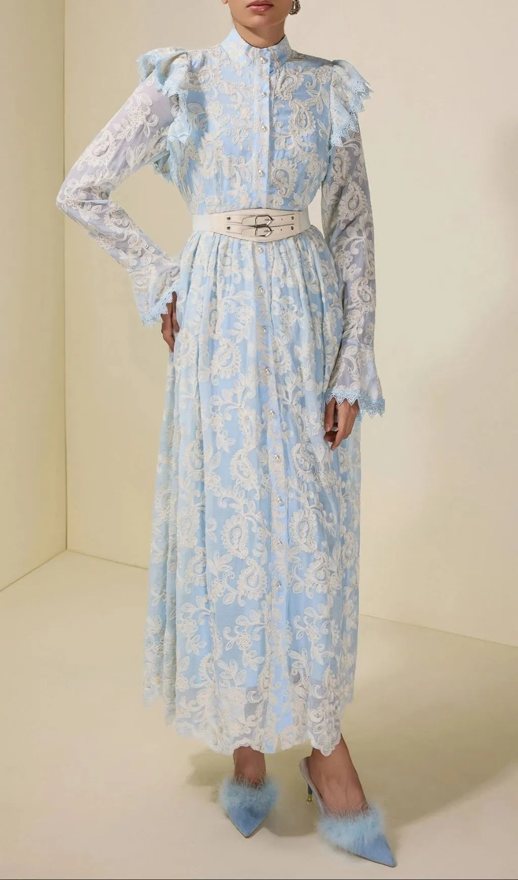 Alma Chiffon Embroidered Single Breasted Midi Dress With Belt - Blue