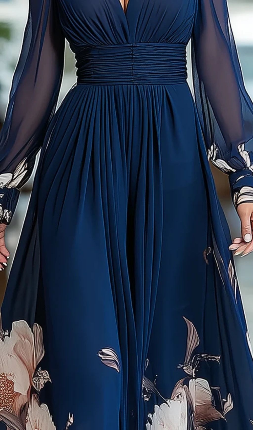 47c07a7dda3b017a05cc3aa66b95e5cd.jpg Fashionslee Women Navy Blue V-neck Tulle Sleeve Pleated Floral Maxi Dress