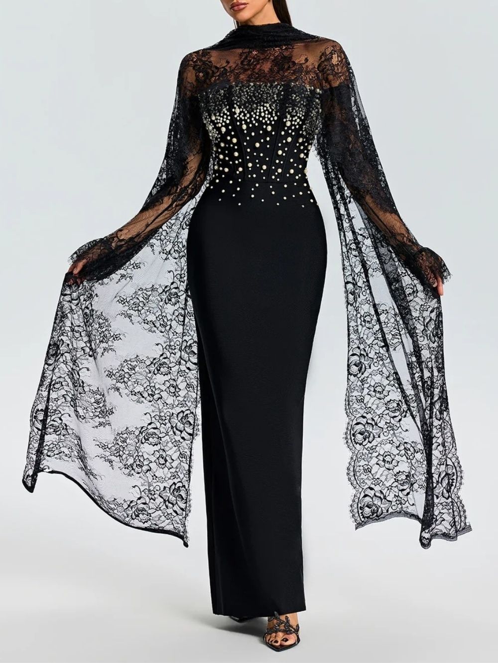 Evynne Cape Pearl Lace Maxi Dress