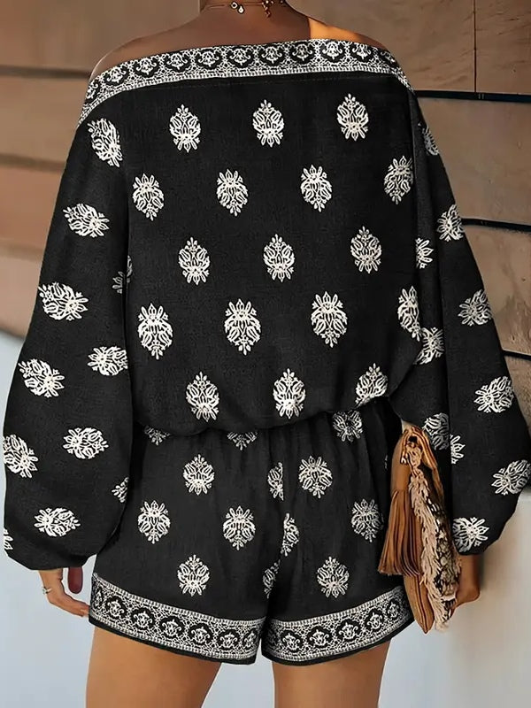 Baroque Print Off-Shoulder Lantern Sleeve Shorts Jumpsuit - OWNCI