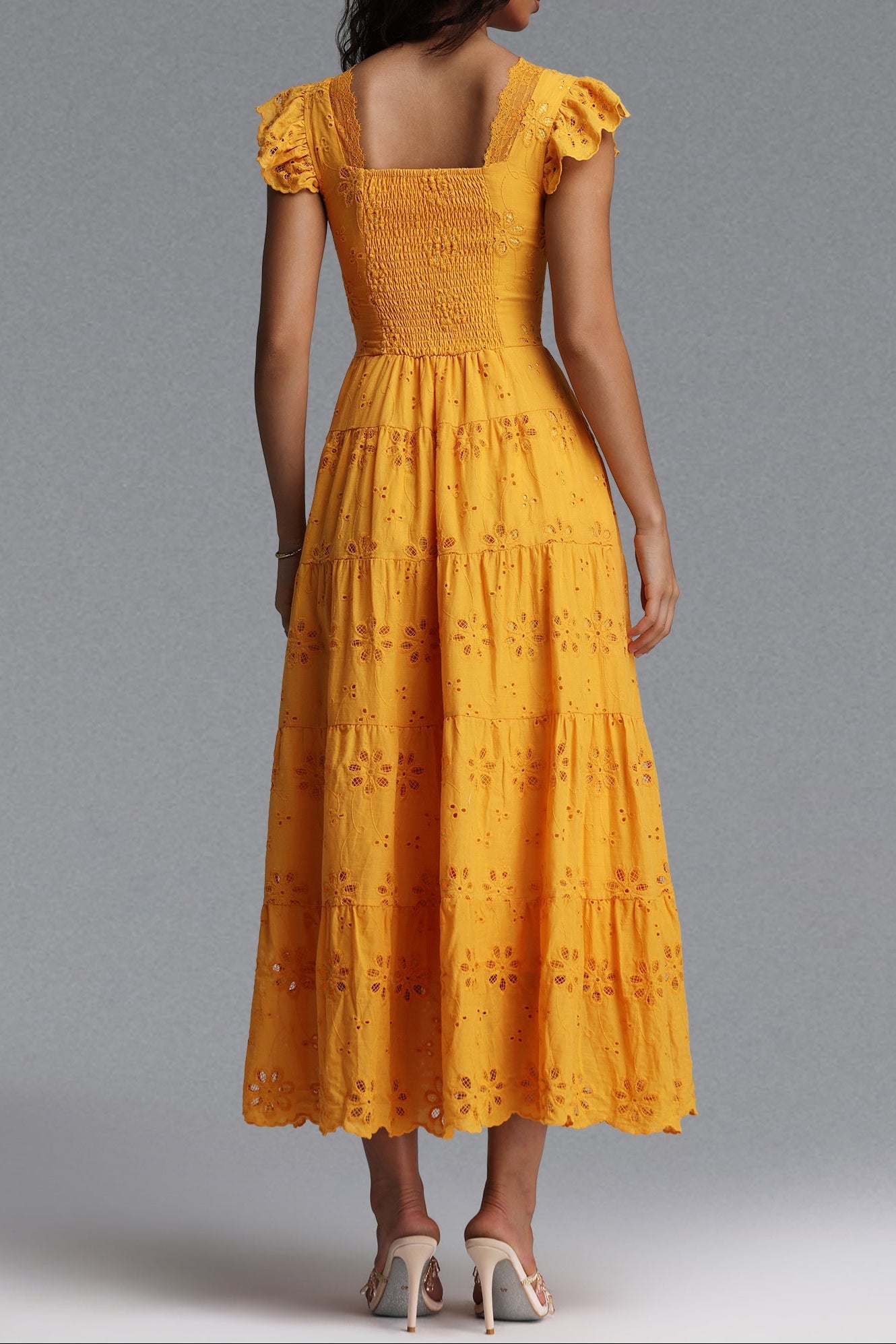 480c6976c37ceefa3b0fa751dfa898cf Scallop V-Neck Ruffle Sleeve Eyelet Tiered Midi Dress