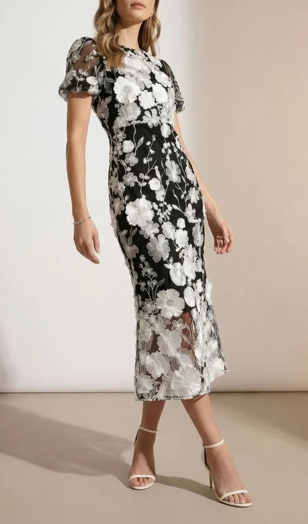 480dfb44246241b8f1255ae0589845c4 Black & White Floral Lace Midi Dress With Puff Sleeves