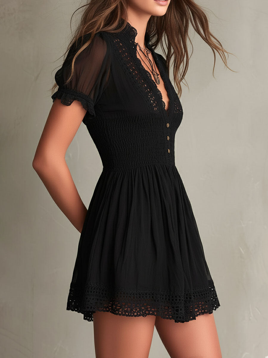 482f9a30e31d1bb43764ec2cc29cc033 Classic Muse Smocked Lace-Trim Black Mini Dress