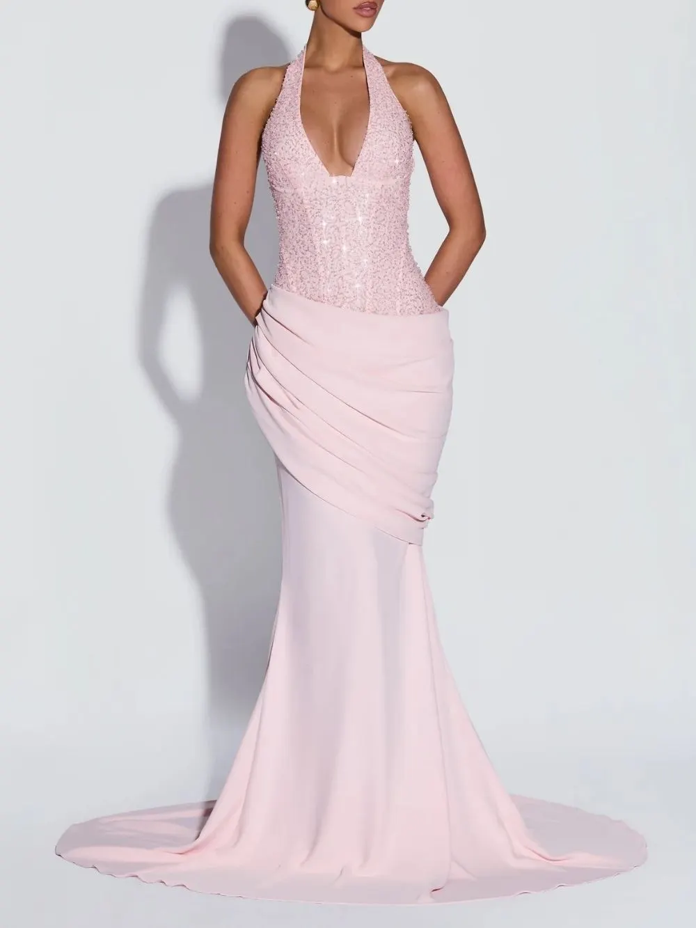 Fantasia Pink Halterneck Sequin Maxi Dress