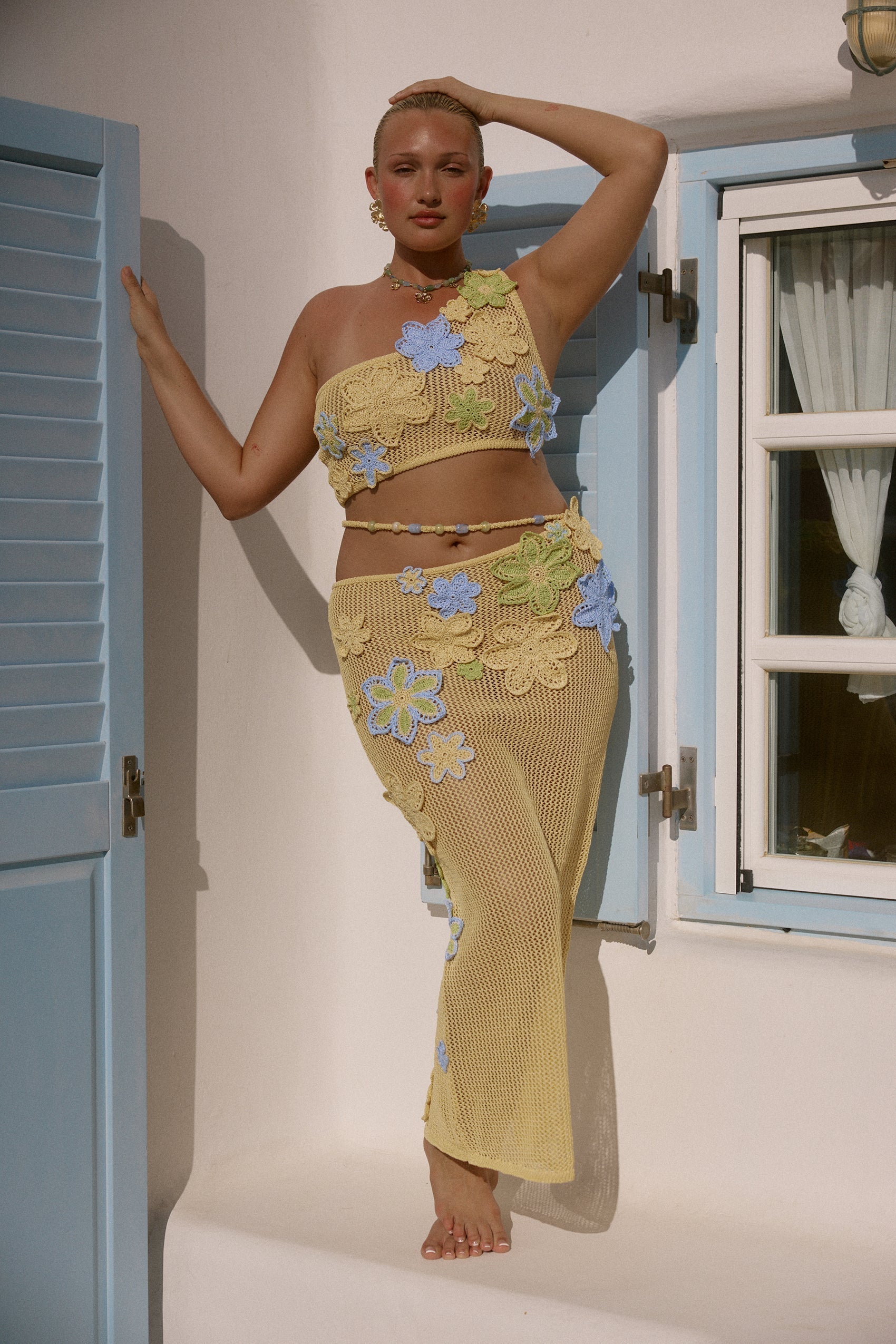 Floral Crochet Maxi Top & Maxi Skirt Set - Yellow