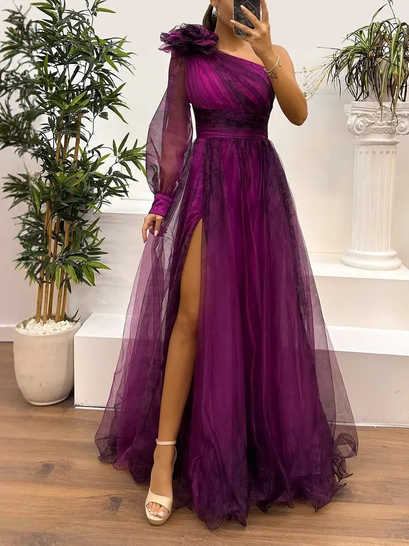 4840de9000e24a9a3d6dfc37d2823c0b One Shoulder Mesh Abstract Gradient Print Maxi Dress
