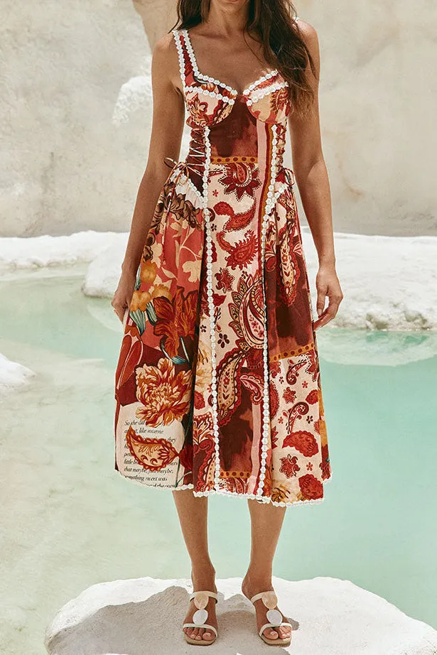 Pandora Spaghetti Strap Lace Linen Patchwork Midi Dress