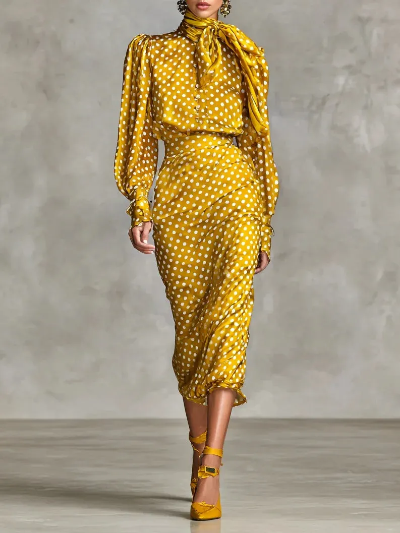 Vintage Satin Polka Dot Print Shirt And Skirt Two-Piece Set