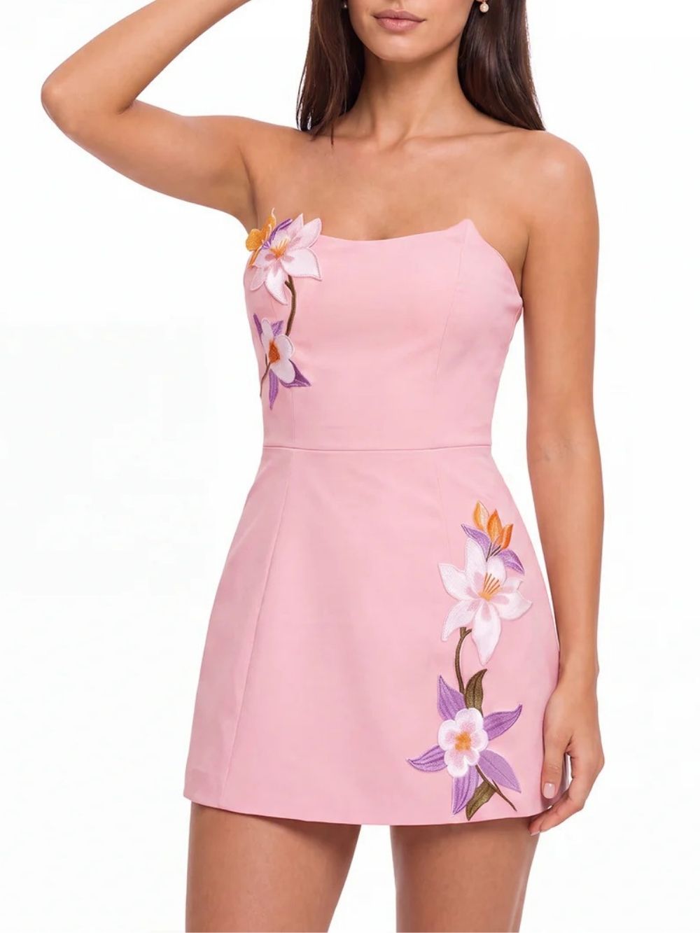 Madden Pink Strapless Flower Embroidery Mini Dress - OWNCI Madden Pink Strapless Flower Embroidery Mini Dress - OWNCI