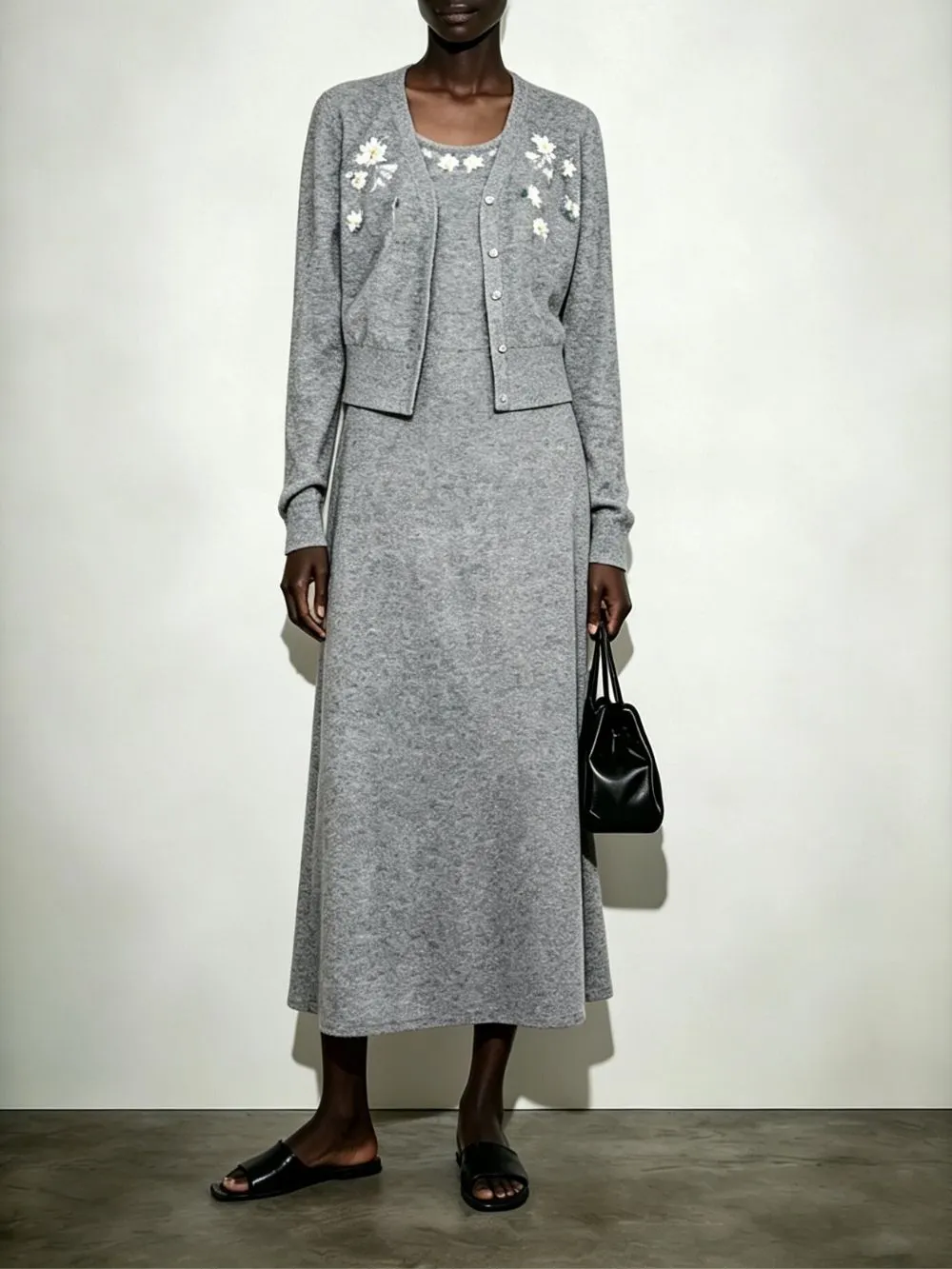 Majeeda Grey Flower Knit Cardigan & Midi Dress