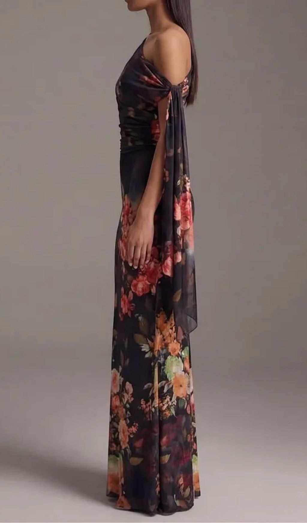 Fashionslee Women Black One-Shoulder Printed Pleated Chiffon Maxi Dress