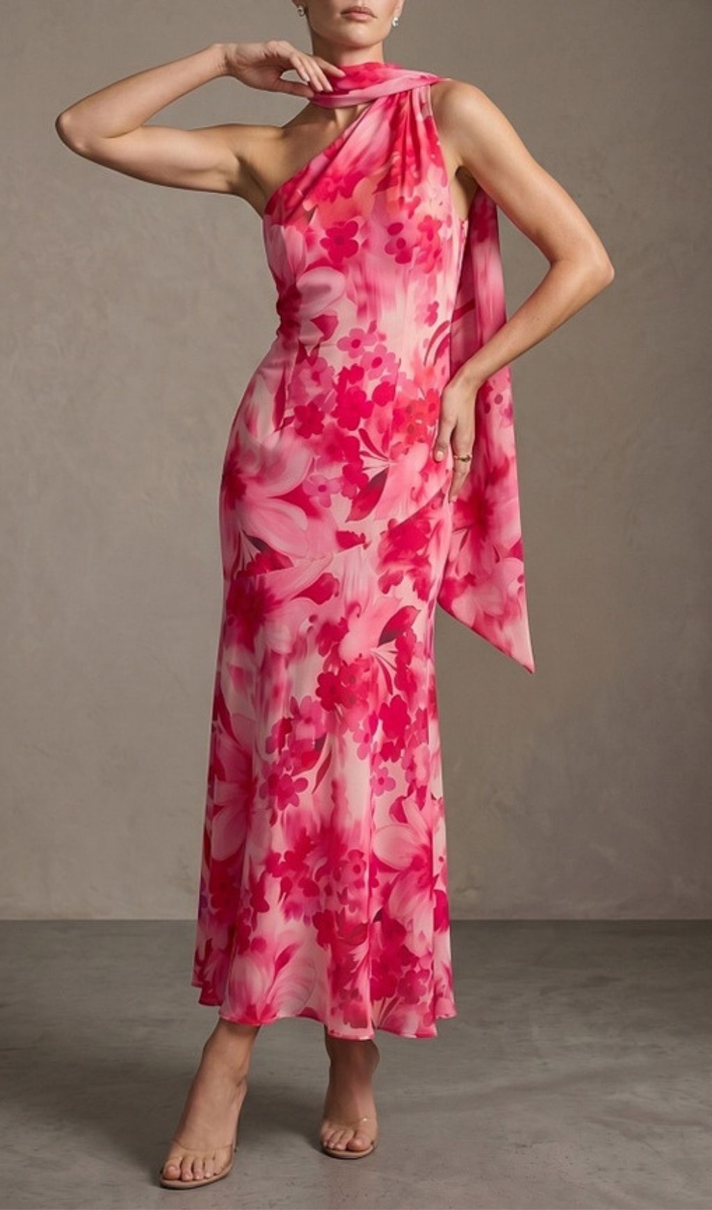 One-Shoulder Floral Mermaid Maxi Dress In Red