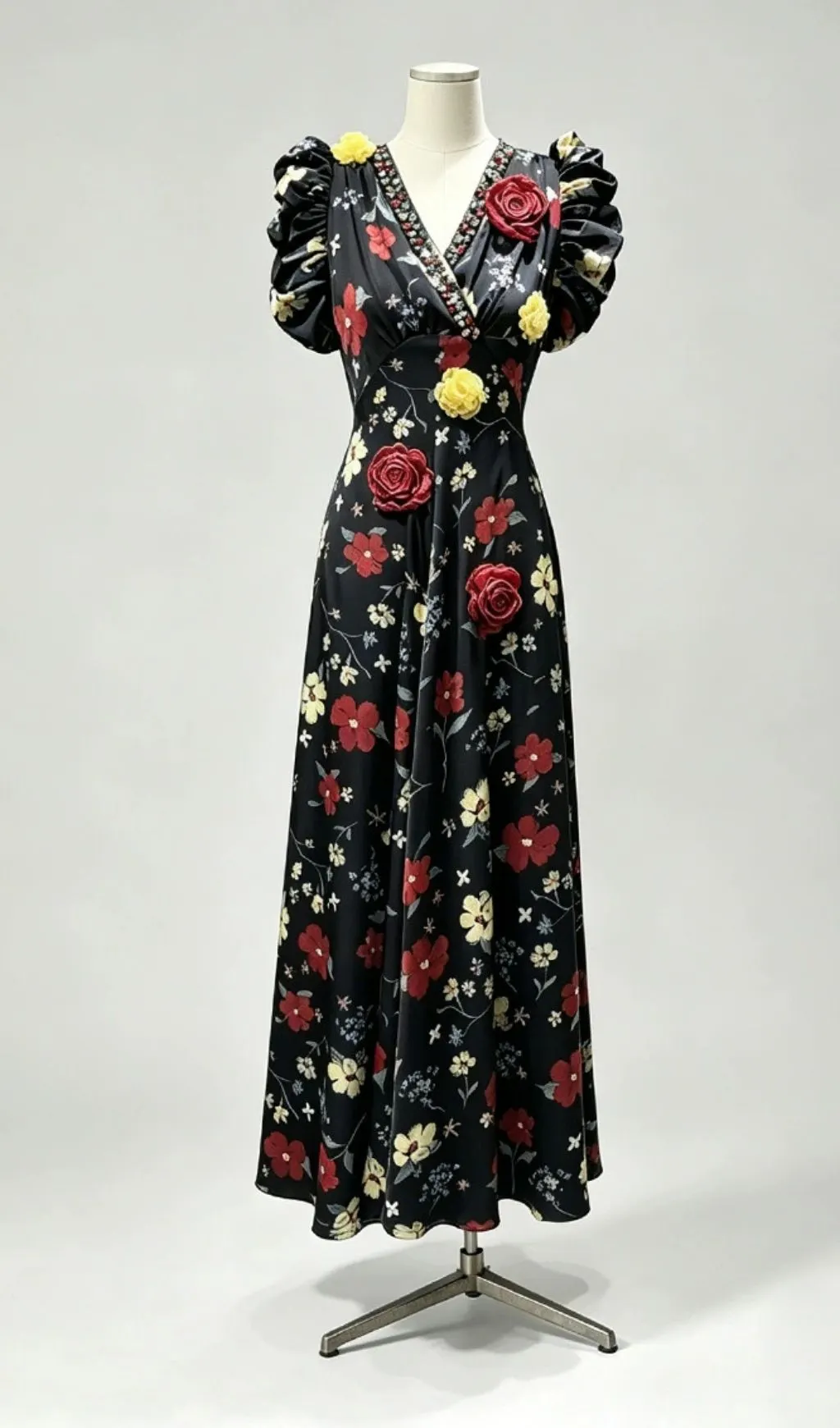 Fashionslee Women Magan Black Floral Puff-Sleeve Maxi Dress