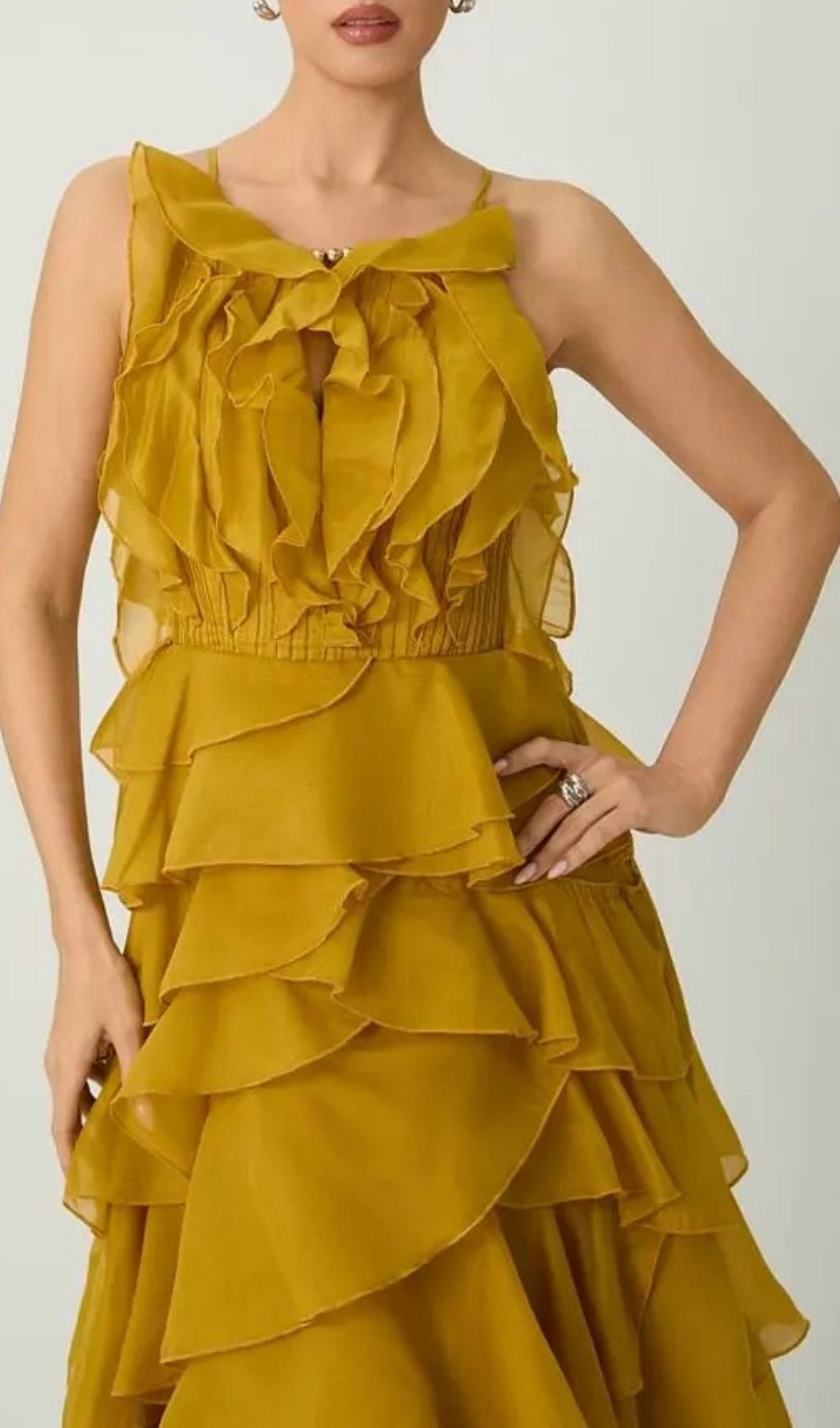 49a90cd8e7932b330e3eb0aa32d08bc2 Leila Yellow Spaghetti Strap Tiered Ruffle Maxi Dress