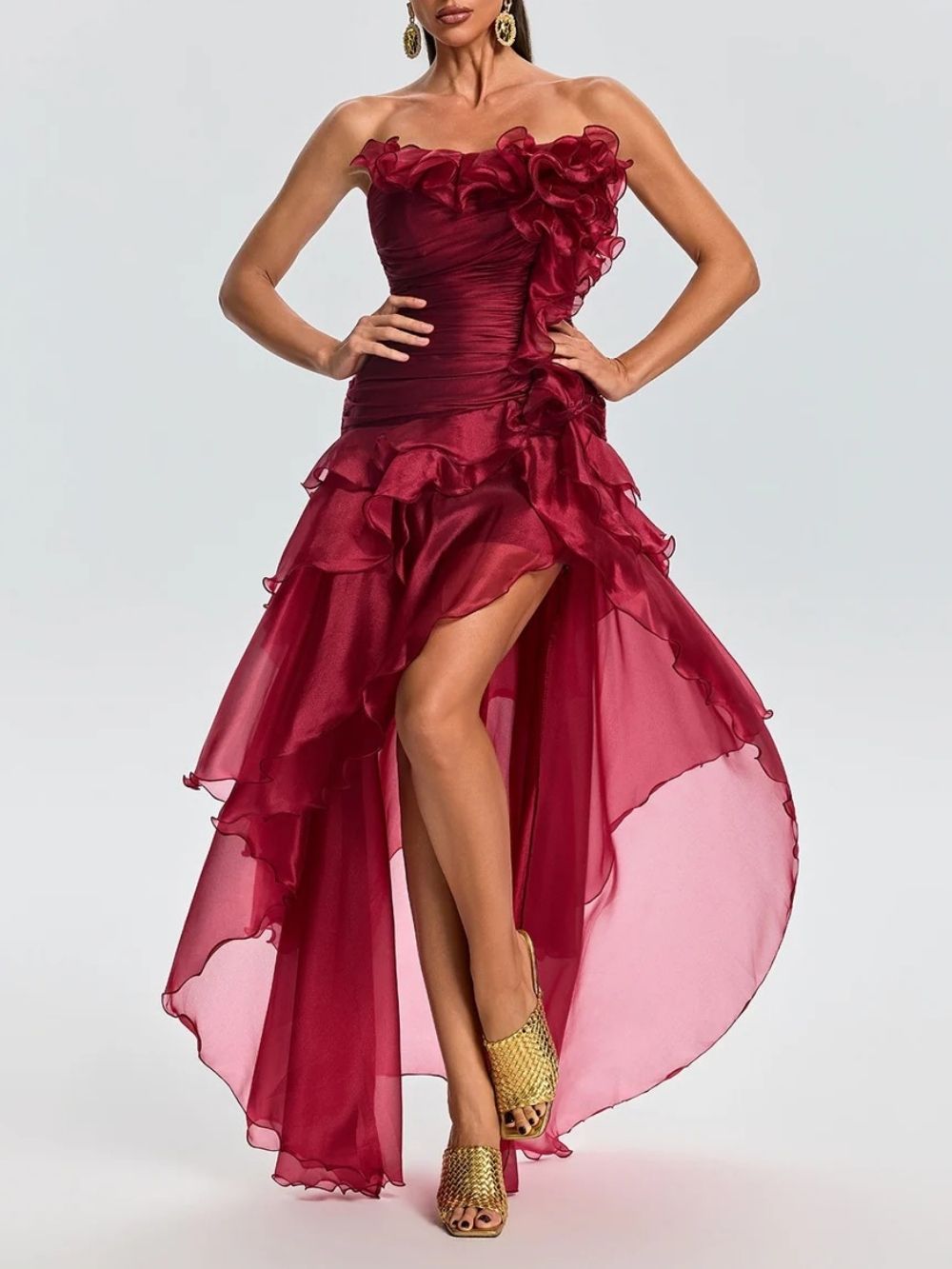 4a1483e9b408fd70c18de70d7c588587 Quorvia Red Strapless Ruched Maxi Dress