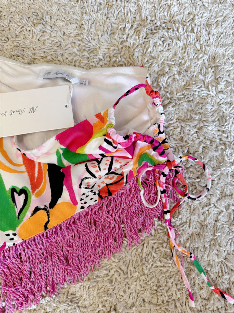 Painted Graffiti Irregular Strap Fringed Skirt Set