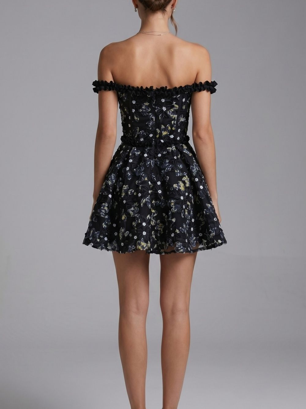 Jyvric Black Off Shoulder Flower Mini Dress