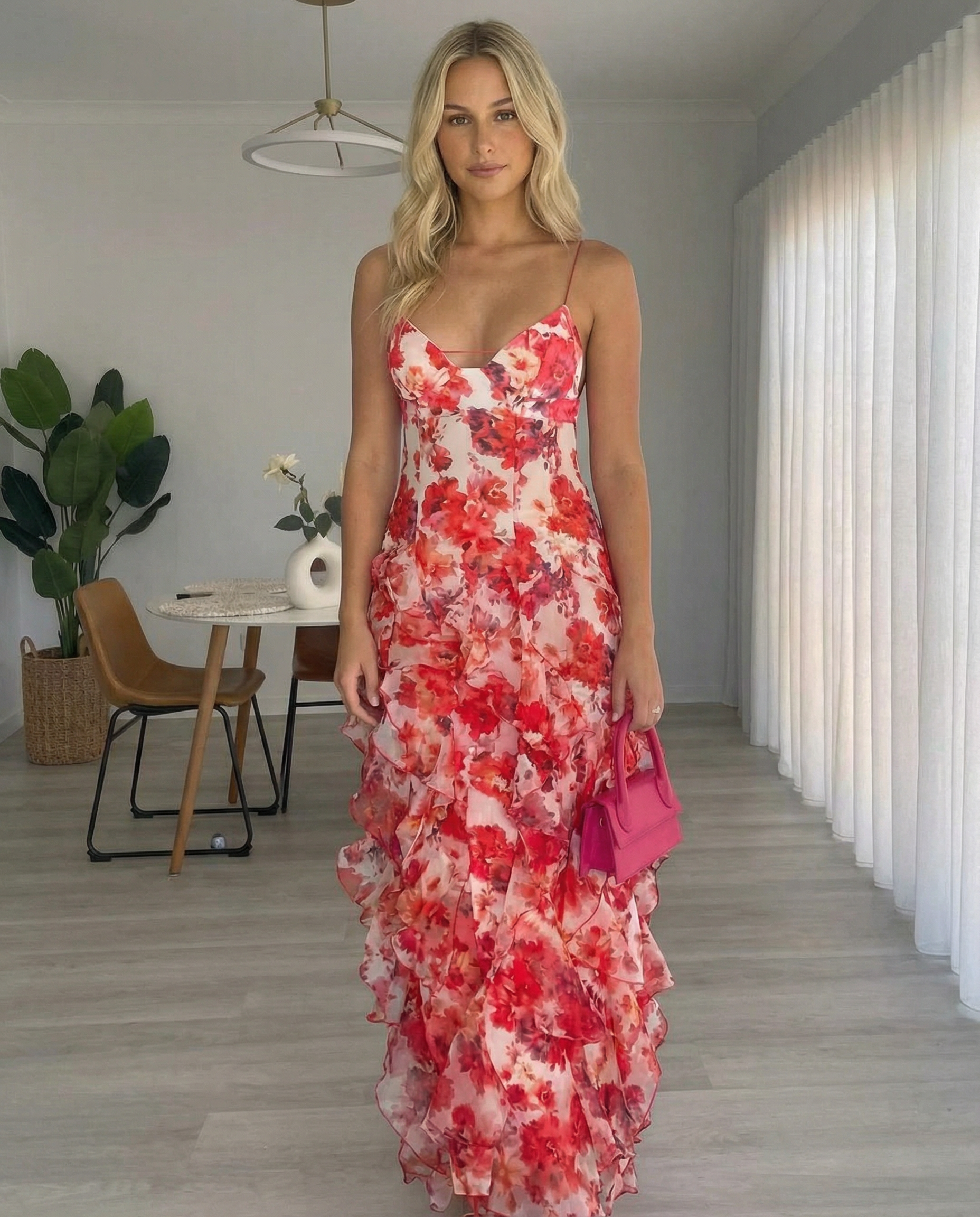 4a29cf8c8fdc999eec8bf214e6ca1663 Floral Print Ruffle High Slit Maxi Dress - Red