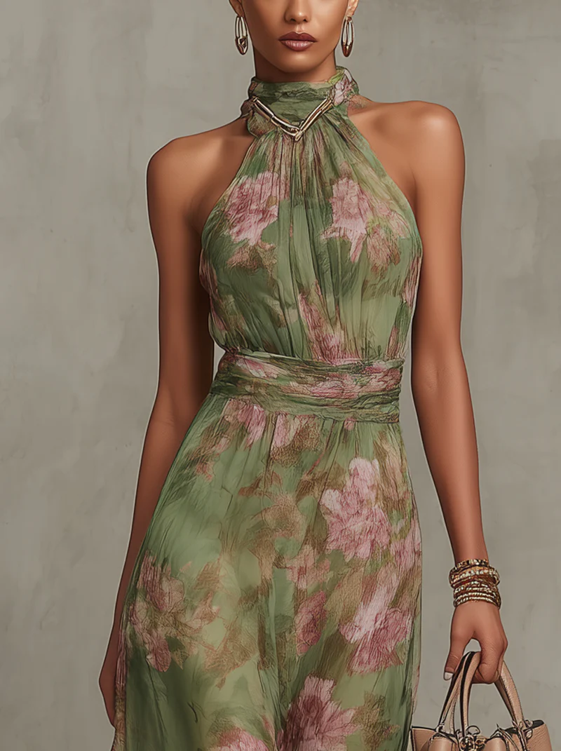 4a44fa810b628e6da474834edd9b3dd4 Polly Green Floral Chiffon Halter Maxi Dress