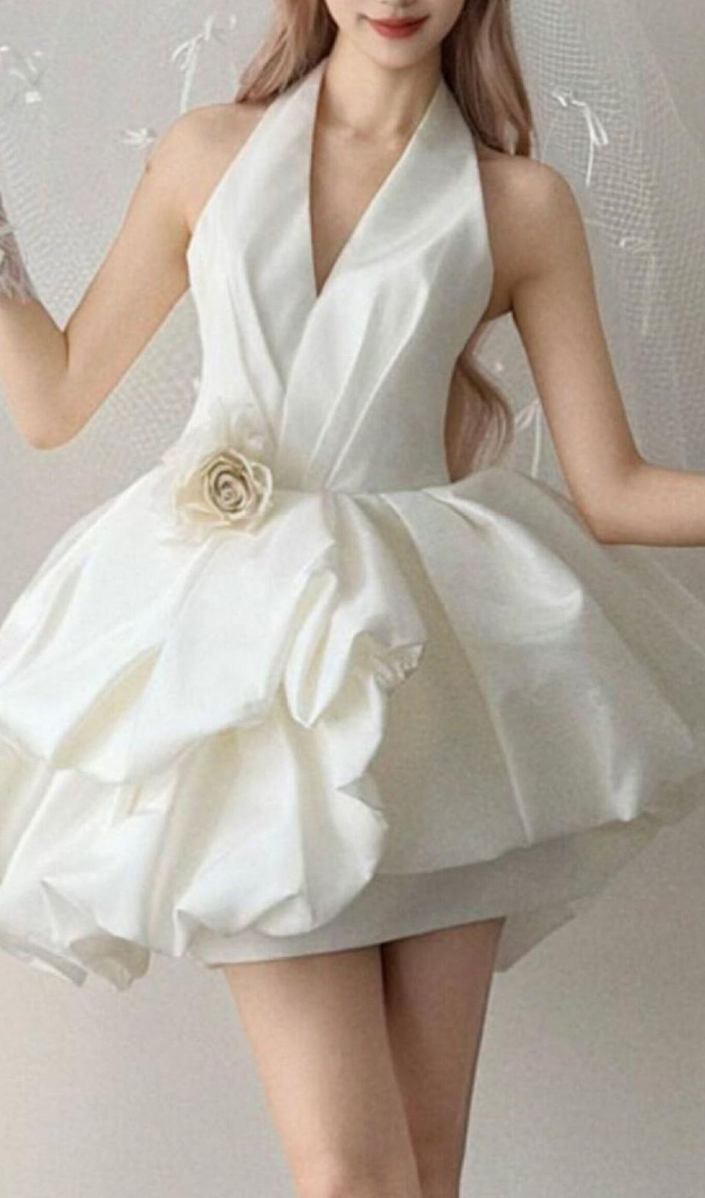 4aaab9bfe7c98b95c2531ec63ab128f7.jpg Fashionslee Women Levana White Halter Flower Mini Wedding Dress