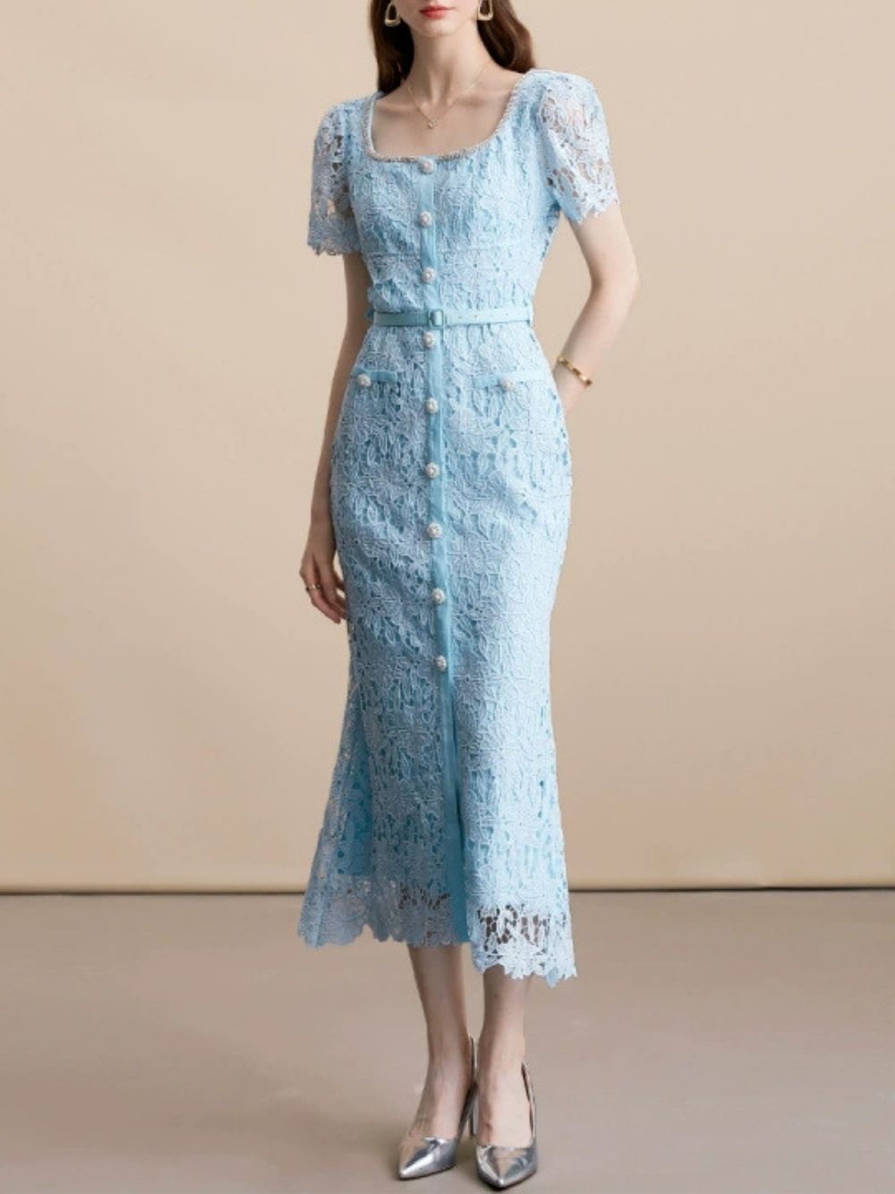 Maija Blue Lace Midi Dress - OWNCI Maija Blue Lace Midi Dress - OWNCI