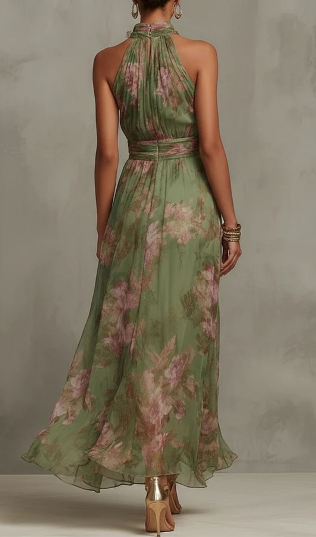 Fashionslee Women Green Floral Chiffon Halter Maxi Dress
