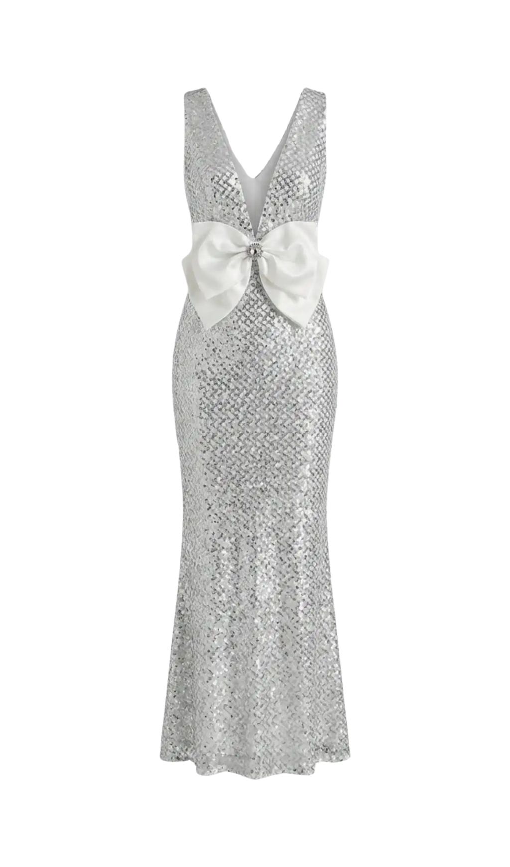 Sequin Maxi Dress With Satin Bow Detail – Light Grey - OWNCI Sequin Maxi Dress With Satin Bow Detail – Light Grey - OWNCI
