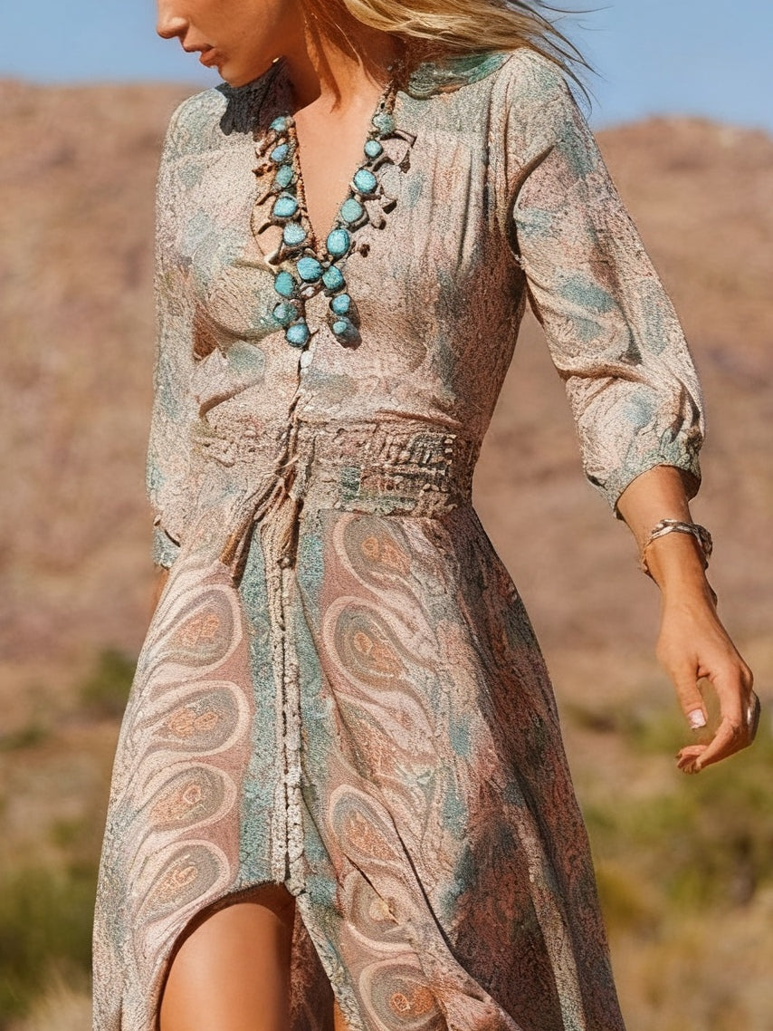 4b0aca13c52a87414b286165147807b1 Western Style Boho Print Slit Maxi Dress