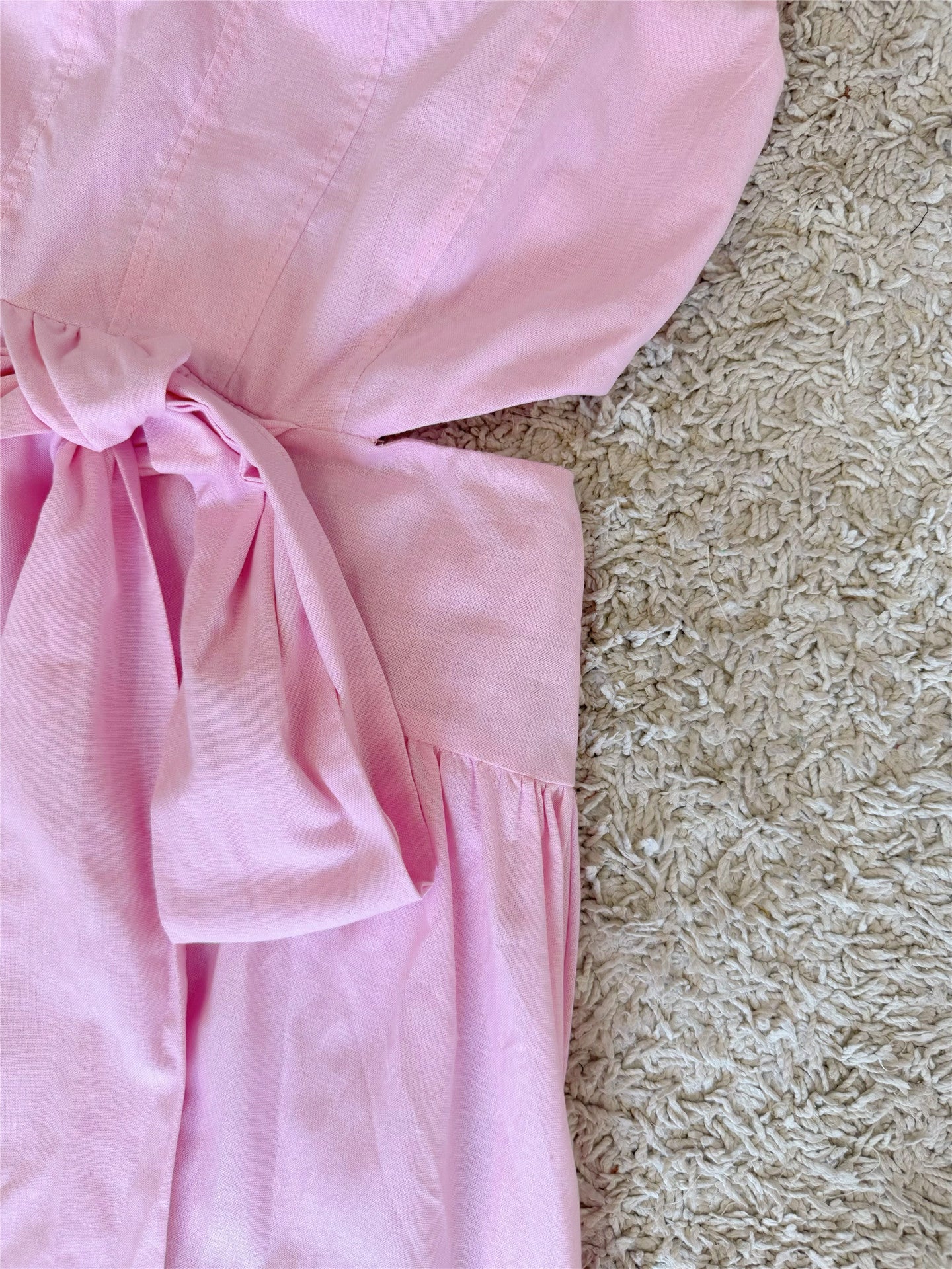 Pink Bow Waist-Revealing Square Neck Cotton-Linen Dress