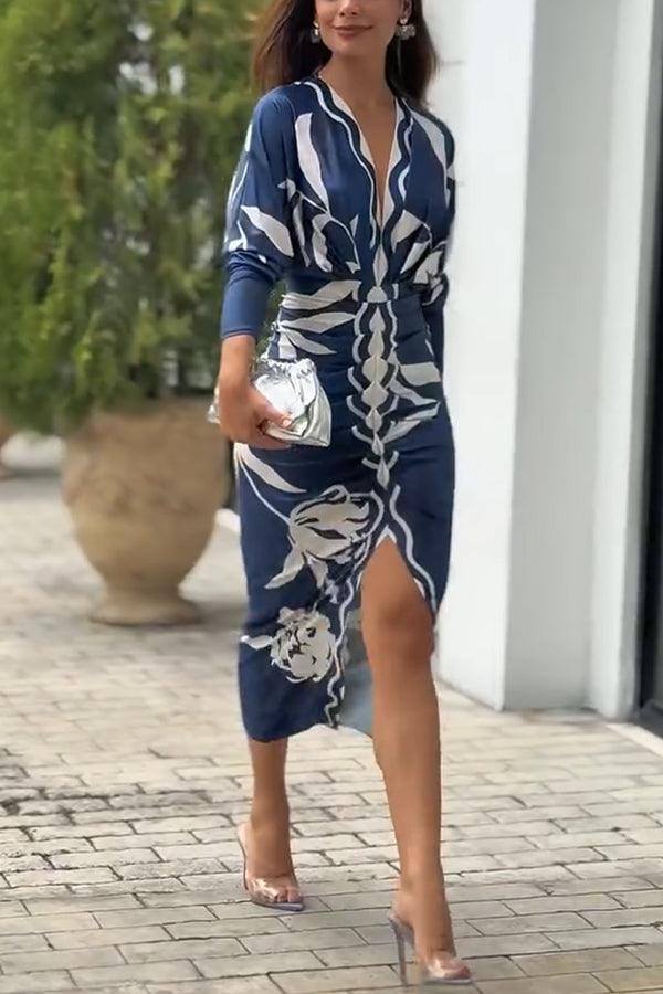 Unique Print Dolman Long Sleeve Ruched Slit Midi Dress - OWNCI Unique Print Dolman Long Sleeve Ruched Slit Midi Dress - OWNCI