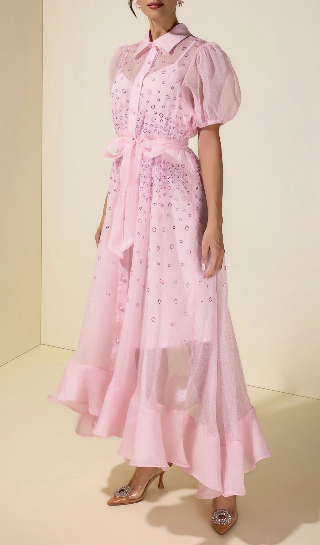 4b68eadc93b2a9dc9caee295d08f62ee Sylvia Rhinestone Puff Sleeve Maxi Dress With Belt - Pink