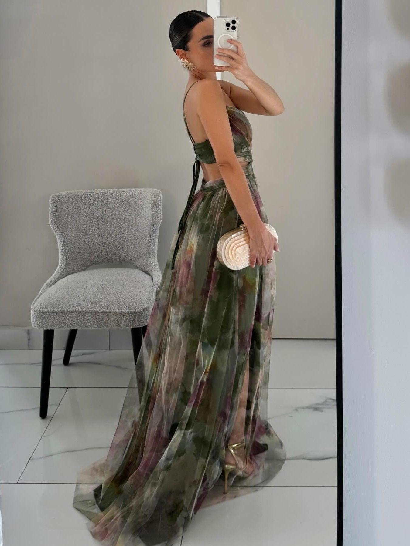 Elegant Painted Floral Print V-Neck A-Line Maxi Dress - OWNCI