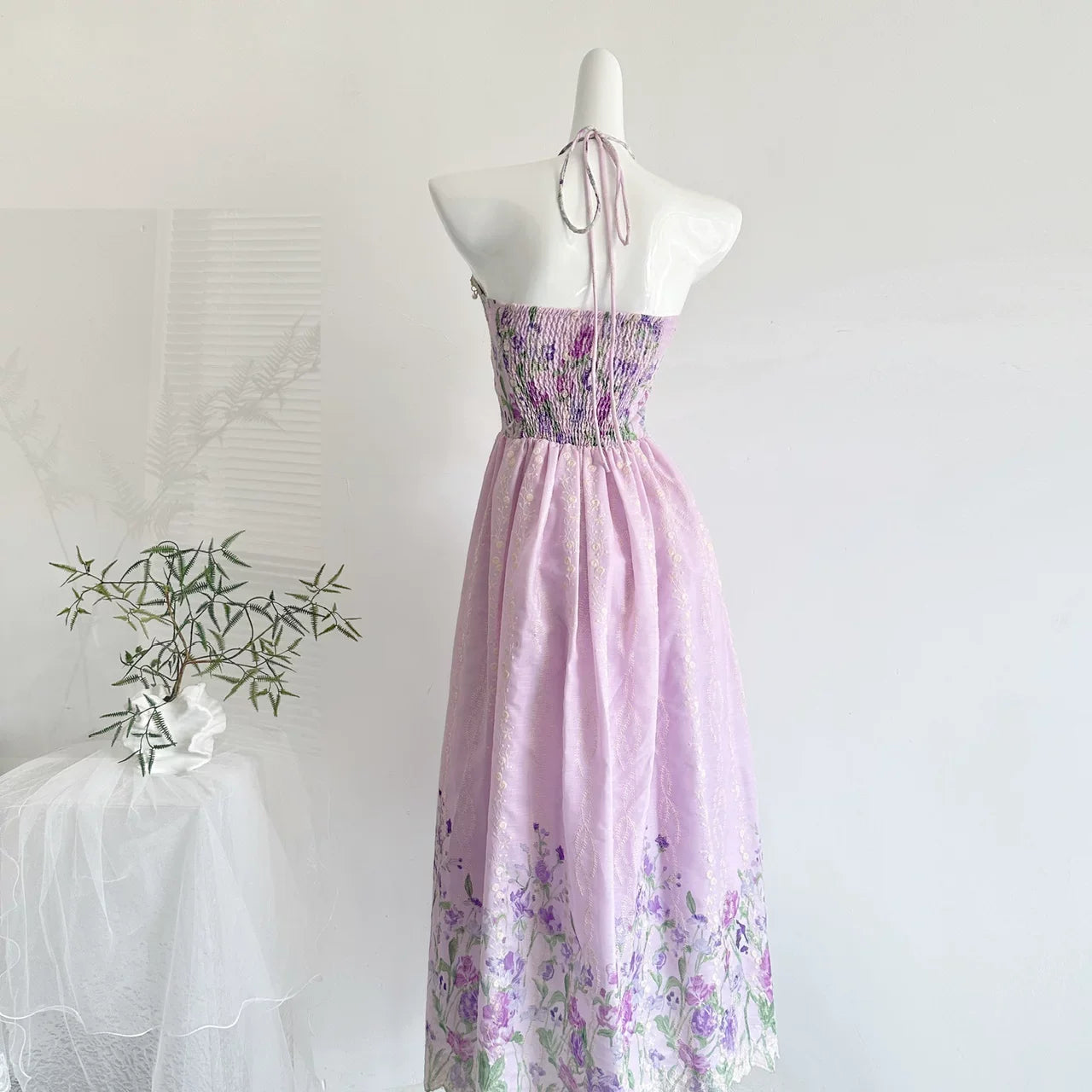 4b8ee84eae062c632e80da53d8fcec2a Halter Spaghetti Strap Bow Front Floral Embroidery Midi Dress